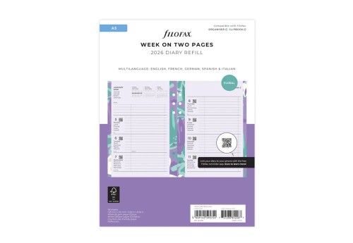 Filofax - Kalendarz 2026 Wkład Tygodniowy Classic A5 Układ poziomy  Wielojęzyczny  - Floral
